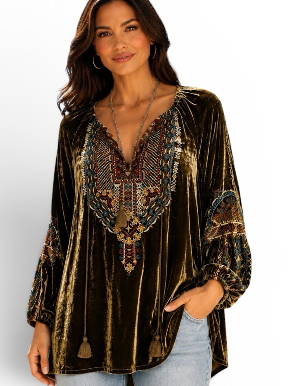 Johnny Was “Naomi Tiger eye” heavily embroidered velvet tunic NWT